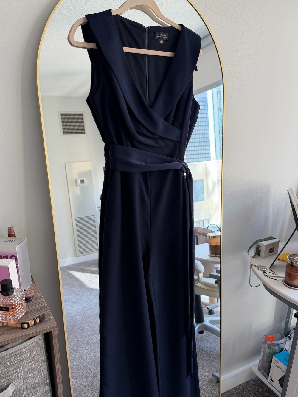 Tahari Navy Sleeveless Wrap-Style Jumpsuit